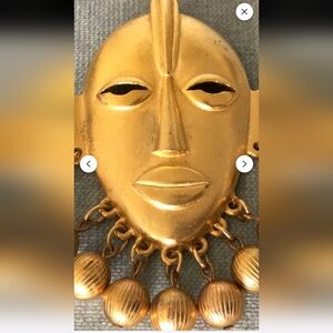 Gold Brushed Large Tribal Mask Brooch